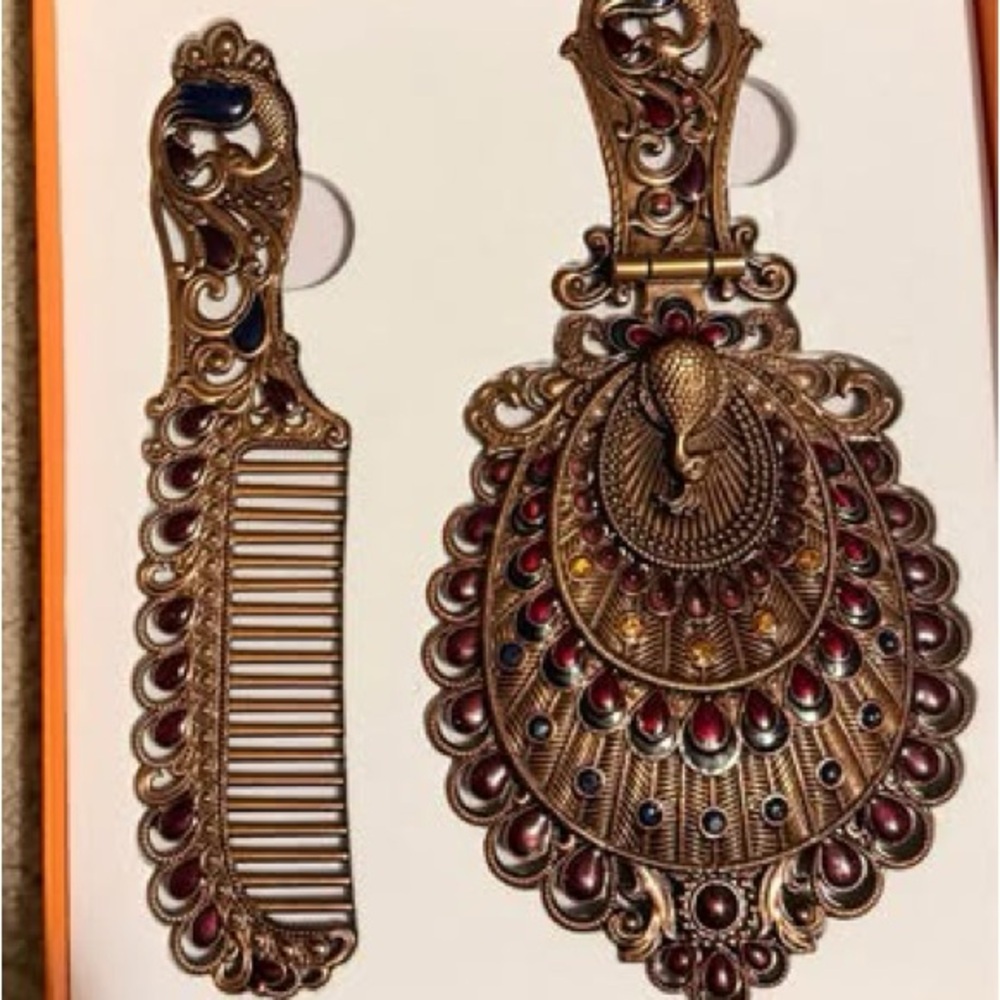 Vintage-Style Ornate Gold and Ruby Hair Comb and Mirror Set